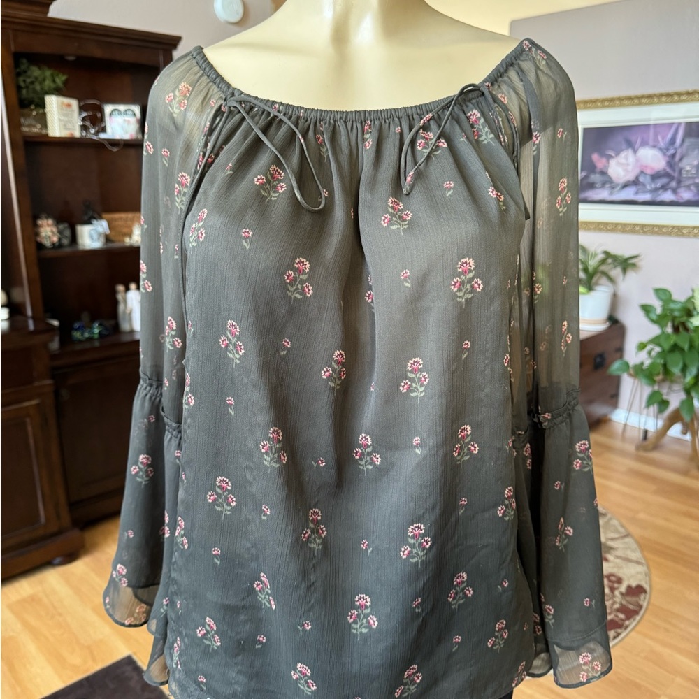 WHBM Forest Green Peasant Blouse - Floral - Bell Sleeves - Semi-Sheer - Sz Small